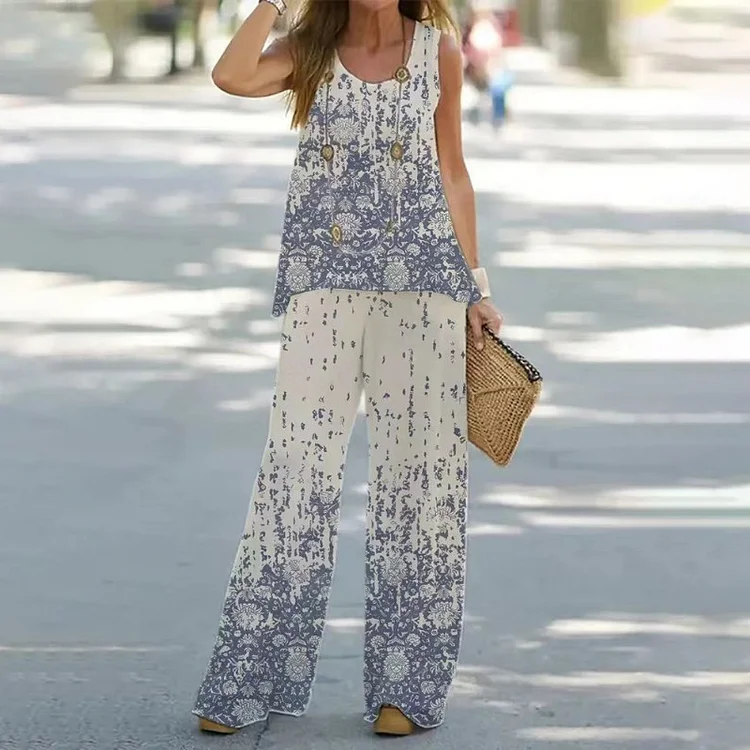 VChics Fashion Floral Loose Fitting Casual Sleeveless T-Shirt Two-Piece Set