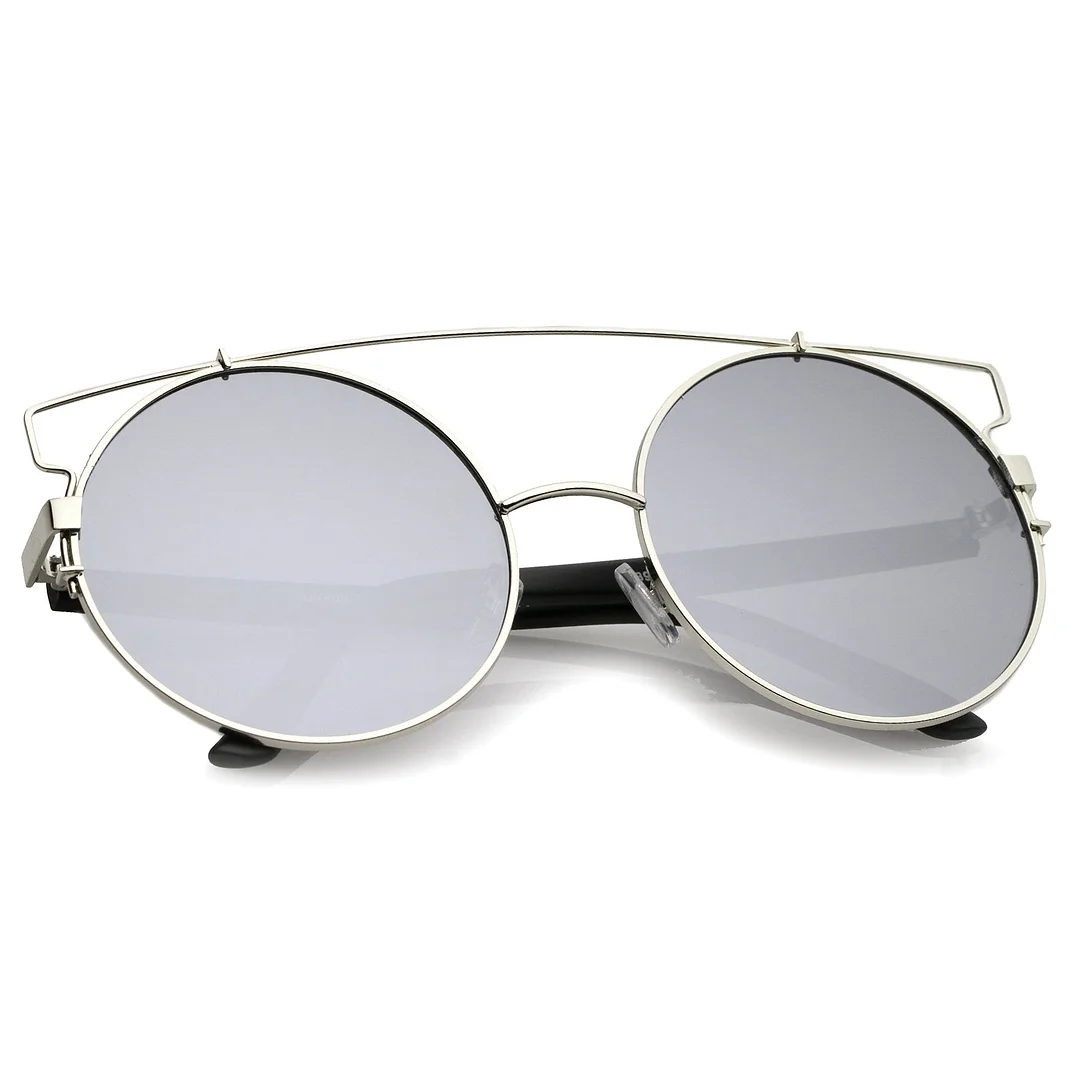 Oversize Metal Frame Horn Rimmed Crossbar Mirror Flat Lens Round glasses 62mm