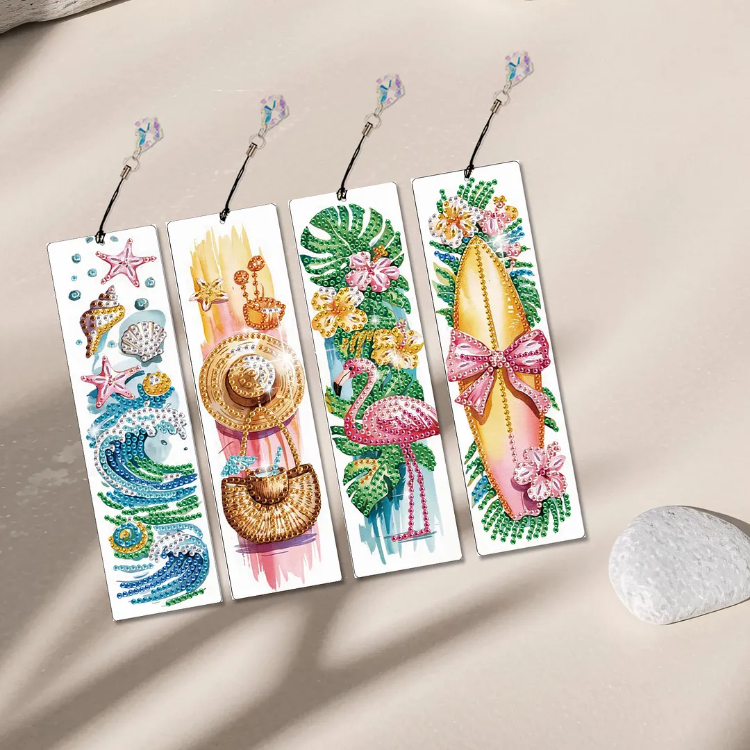 4Pcs Tropical Beach Style DIY Diamond Painting Bookmark with Crystal Pendants Diamond Painting Art Bookmarks Special Shape for DIY Making Beginners Adult Arts Craft Supplies