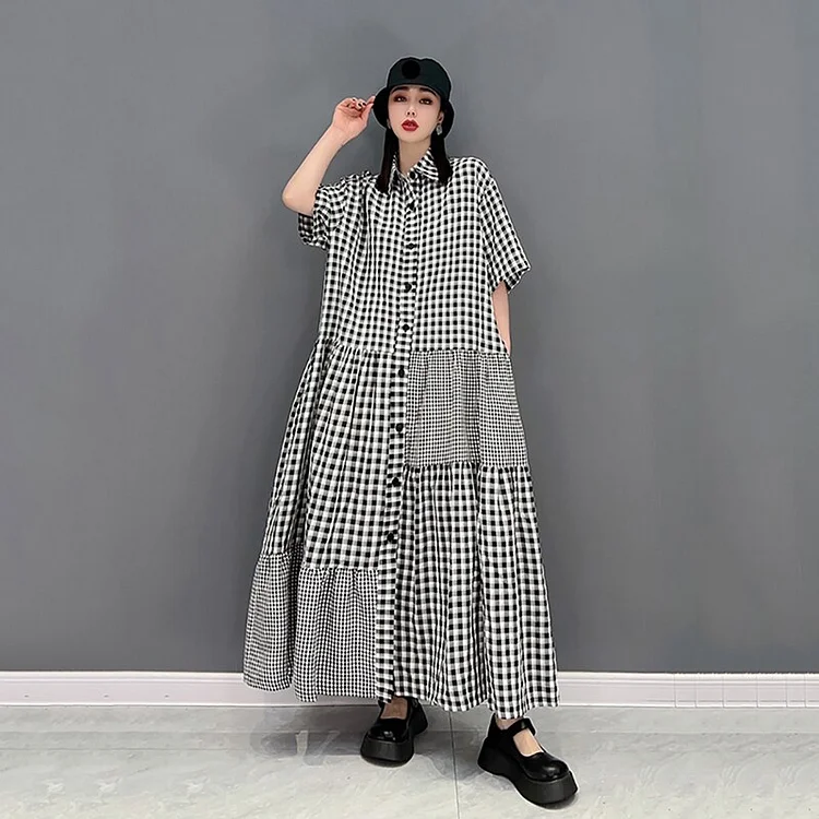   Casual Loose Plaid Asymmetrical Splicing Single Breasted Shirt Dress  