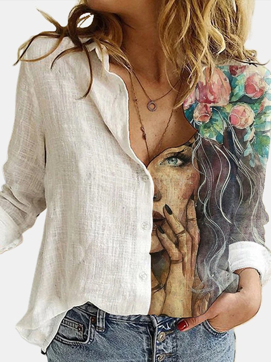 Casual Portrait Print Stitching Blouse