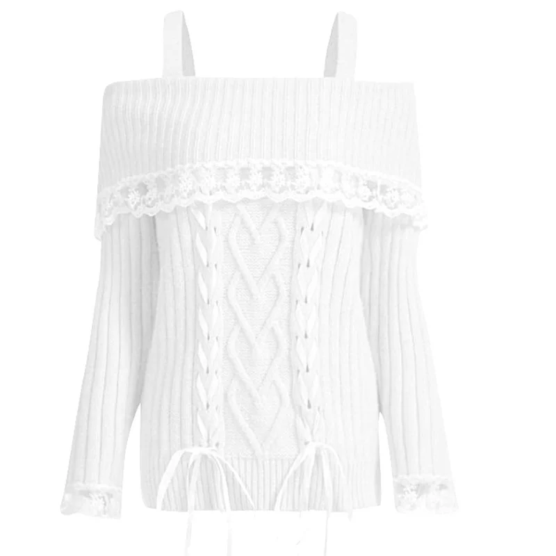 Zingj Zingj And Winter New One-Word Shoulder Lace Lace Strap Knit Sweater Female YF2367