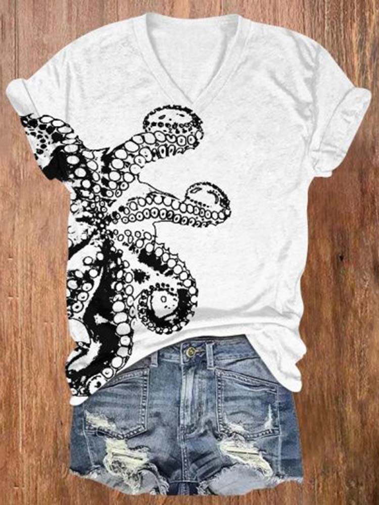 Comstylish Retro Octopus Asymmetric Print V-Neck T-Shirt