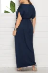 Plus Size Elegant Lace Up Solid Deep V Neck Maxi Dress