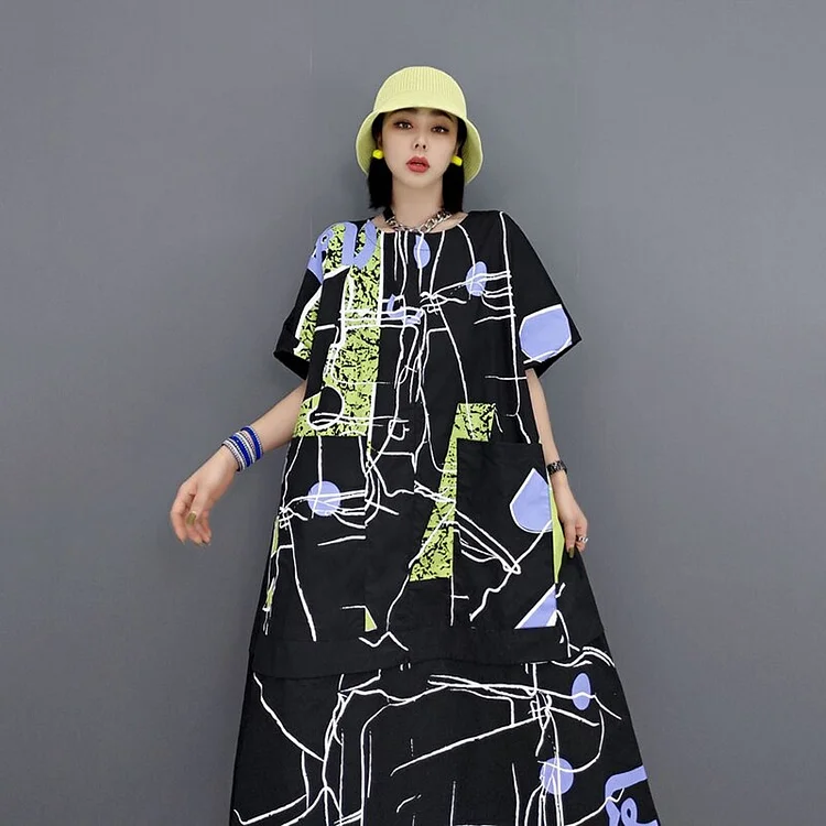 Fashion Print Pattern Pleated Pocket Short Sleeve Loose Dress
