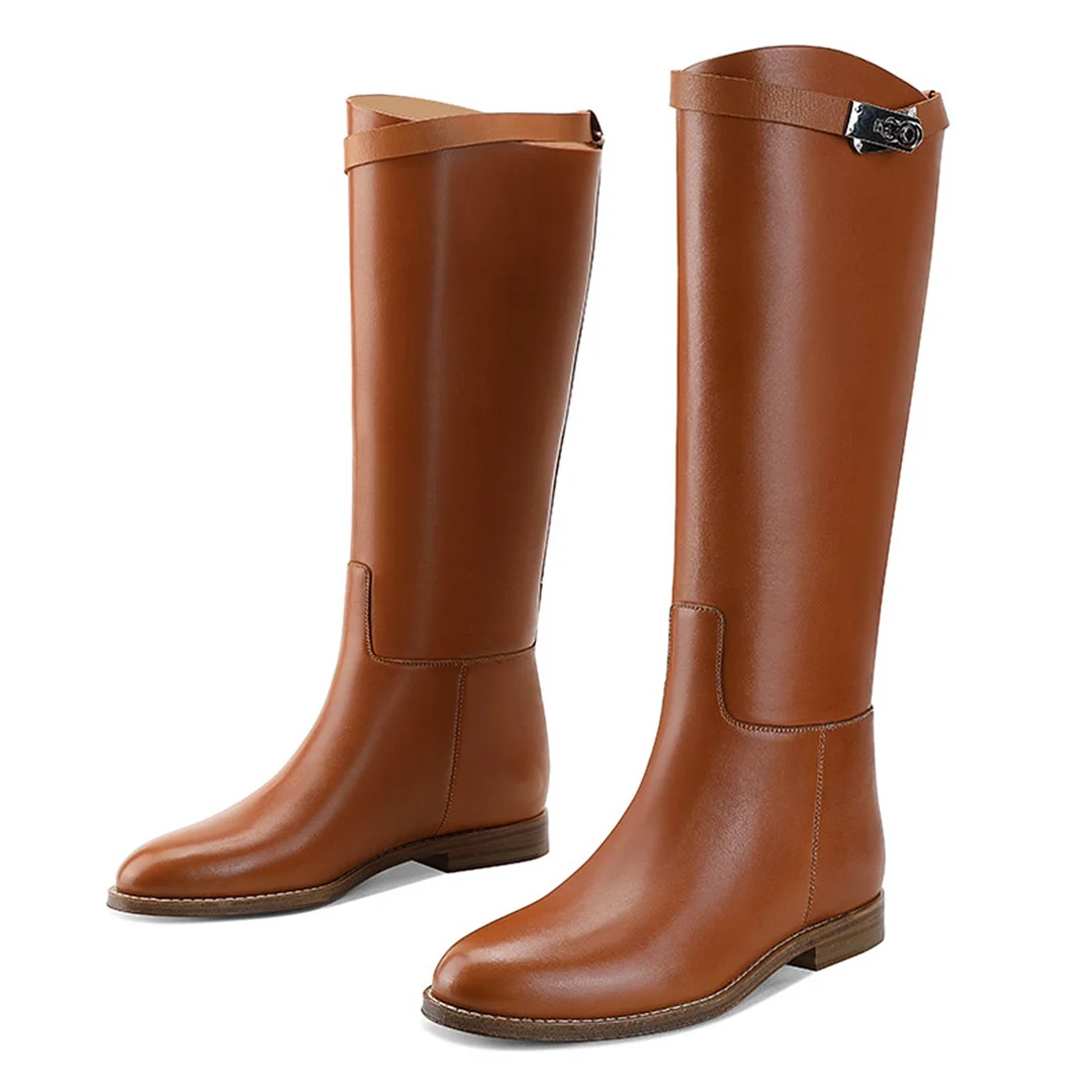 Classic Brown Round Toe Flats Slip On Knee High Boots for Women