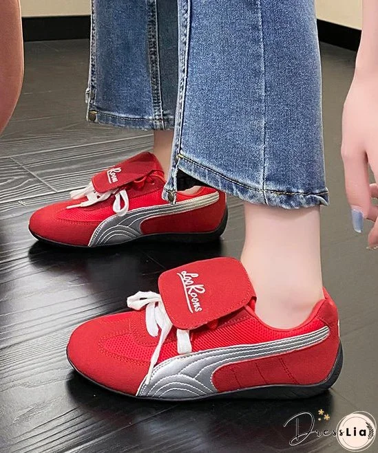 Red Suede Sport Flat Shoes For Women Splicing Lace Up
