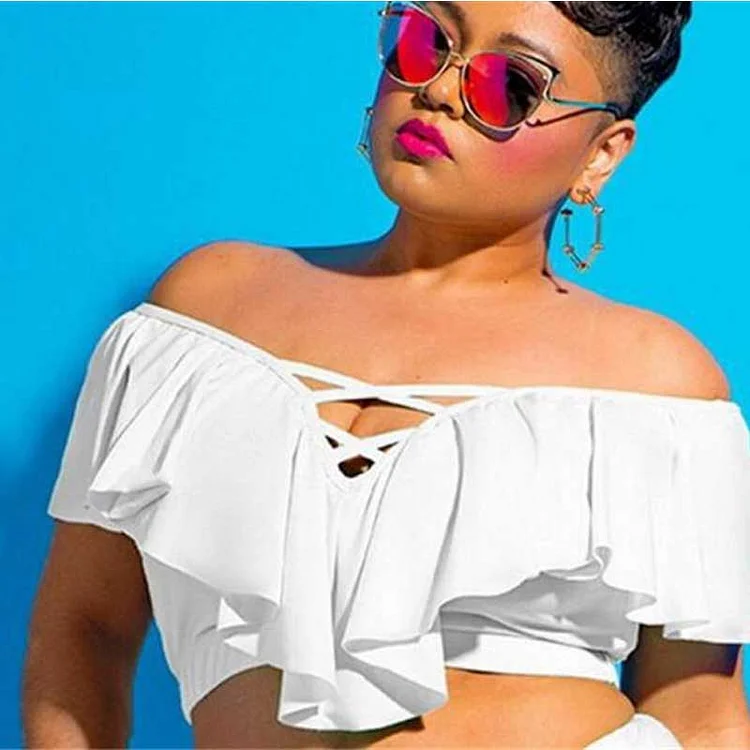 Women Plus Size Swimwear Tankinis Sexy Off-the-Shoulder Cut-out Ruffled High Waist Slimming Two-Piece Swimsuits Women