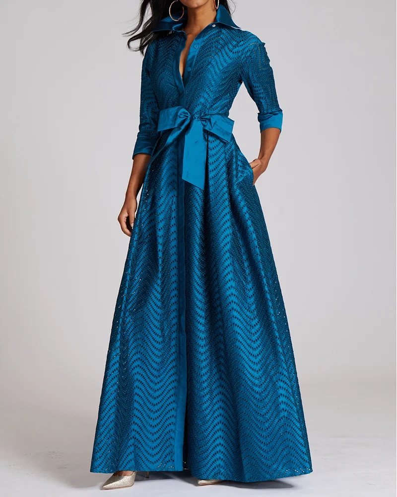 Gown shirt collar maxi dress bow