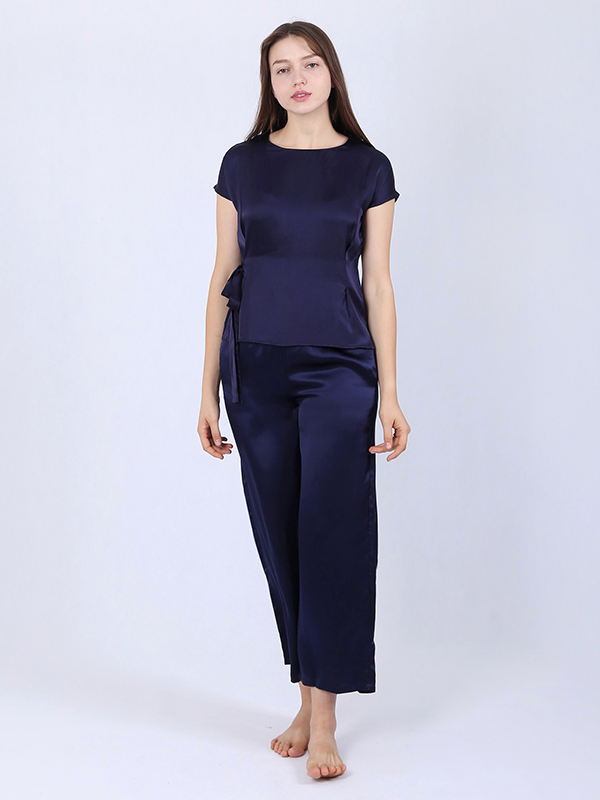 22 Momme Women's Silk Pajamas With Flexible Belt Blue