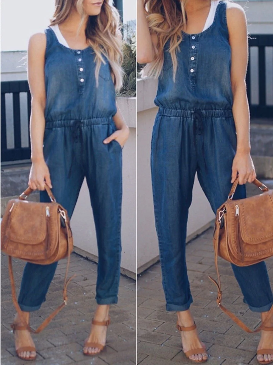 Buttons Neck Elastic Drawstring Waist Denim Jumpsuits