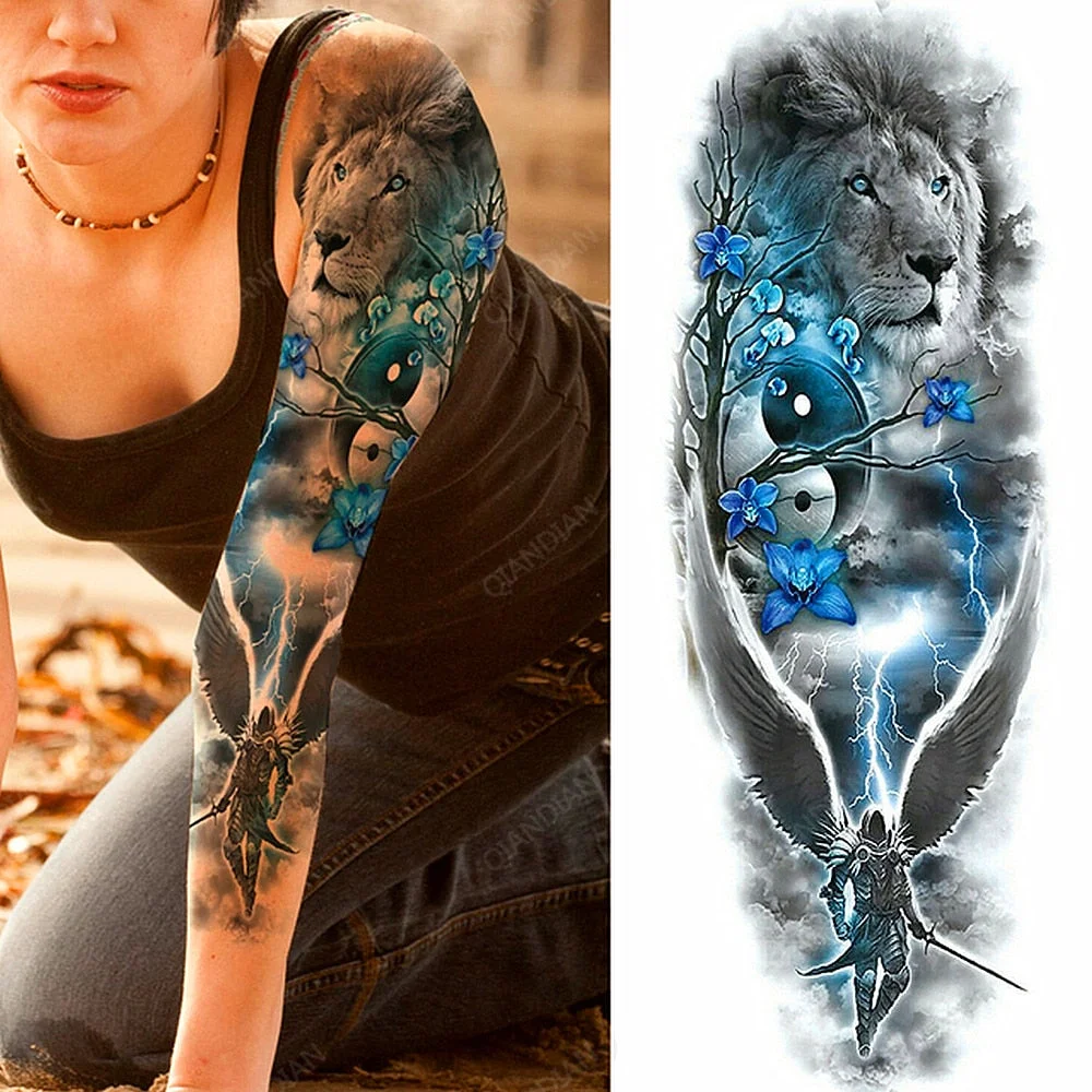 Large Arm Sleeve Tattoo Rose Lion Wolf Waterproof Temporary Tatto Sticker Flower Clock Waist Leg Body Art Full Fake Tatoo Women