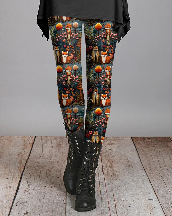 Autumn Fox Forest Print Leggings