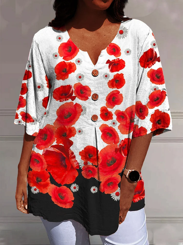 Women's Flower Art Print Casual Cotton And Linen V-neck Shirt socialshop