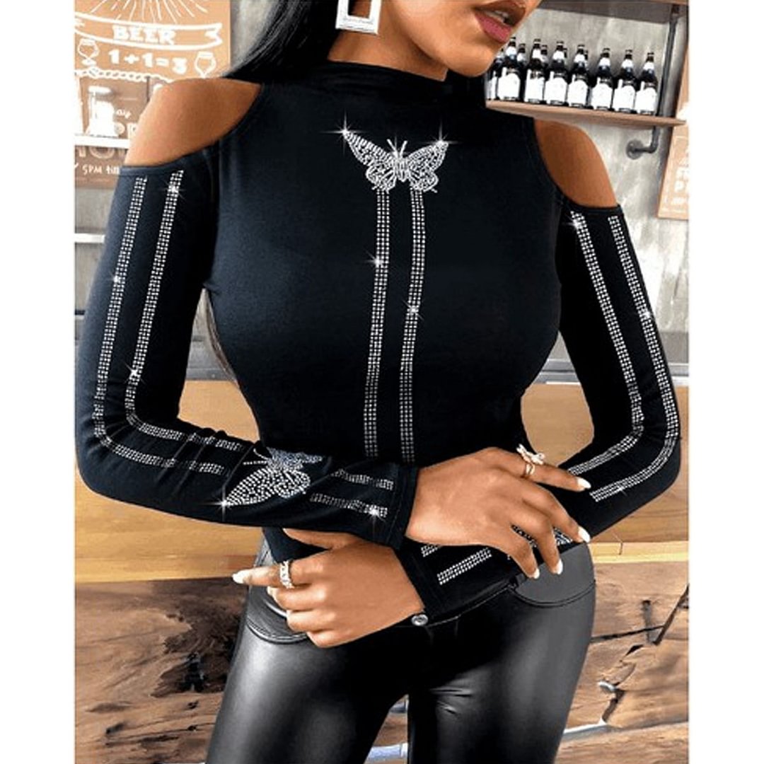 Getting Cold Off Shoulder Butterfly Studded Top