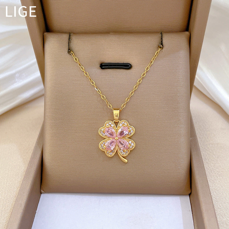 Pink Lucky Clover Full Diamond Gorgeous Full Diamond Necklace Female Versatile Clavicle Chain Titanium Steel