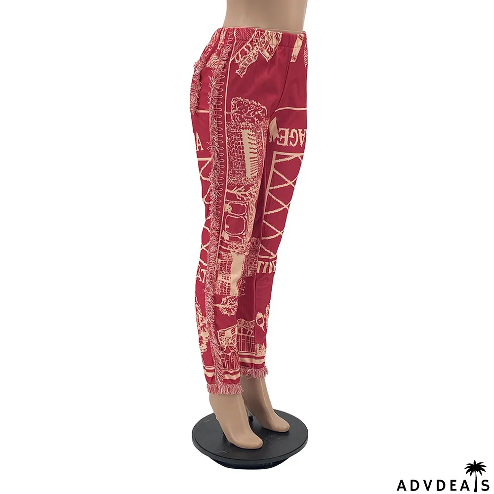 Casual Fashion Color Pattern Fringed Velvet Pants