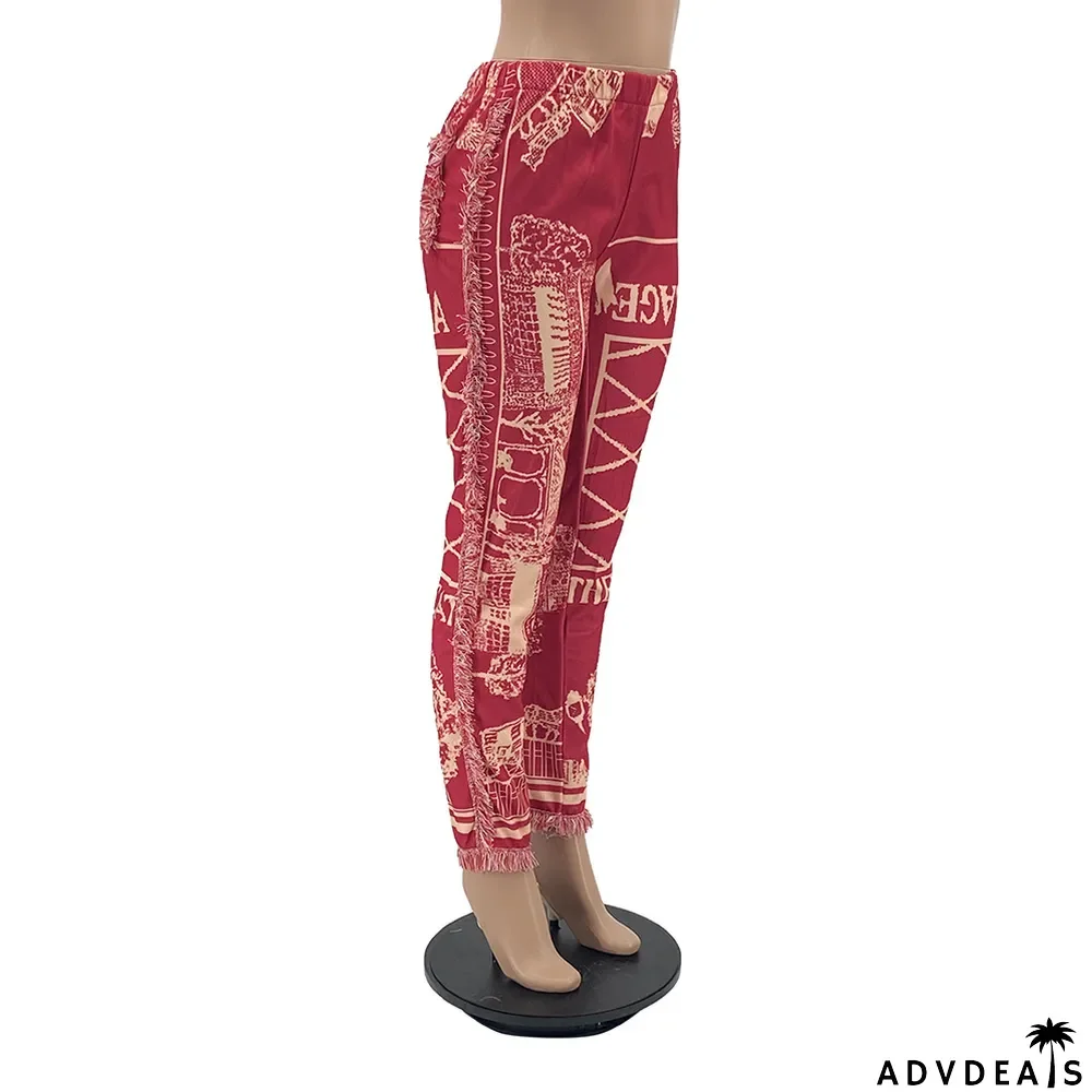 Casual Fashion Color Pattern Fringed Velvet Pants