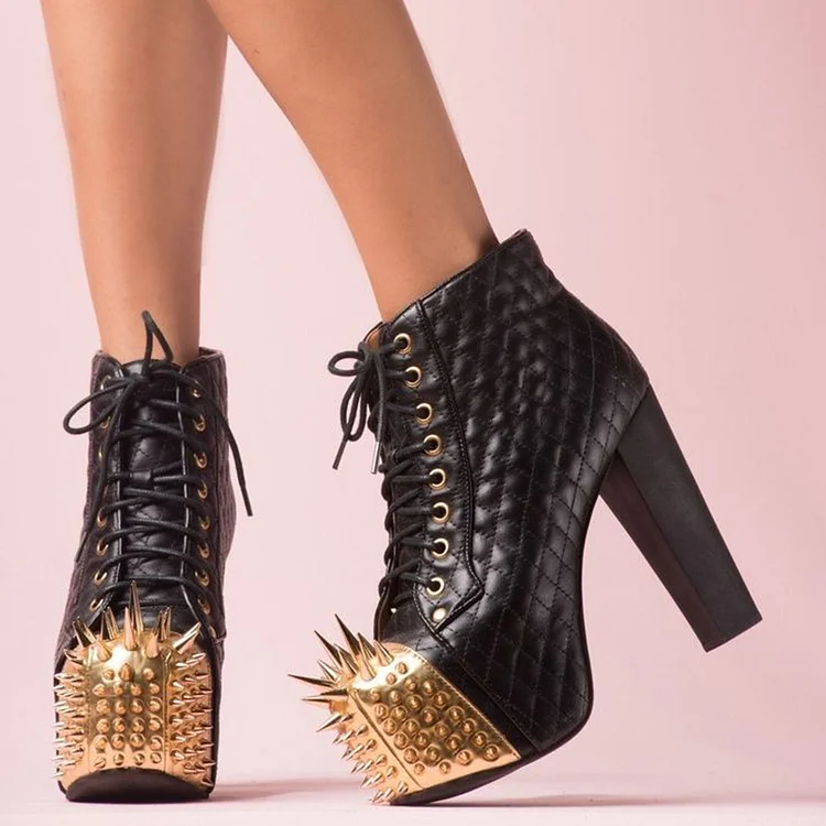 Black & Gold Rivet Lace-Up Booties Block Heel Platform Ankle Boots |FSJ Shoes