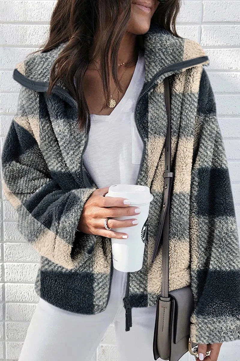 Contrast Plaid Casual Zipper Coat