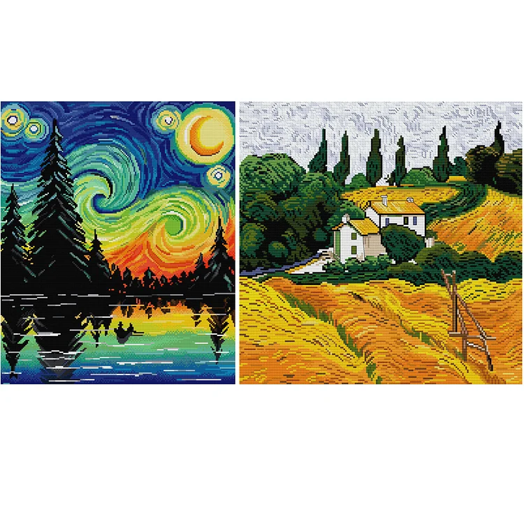 Set of 9 Mini Van Gogh Cross Stitch Pattern Modern Tiny Art Starry