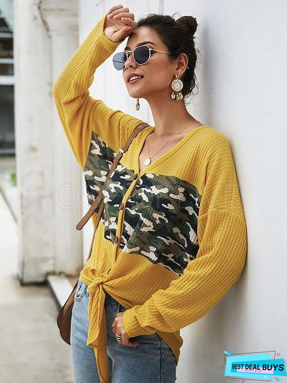 Camouflage Stitching V-Neck Knit Sweater