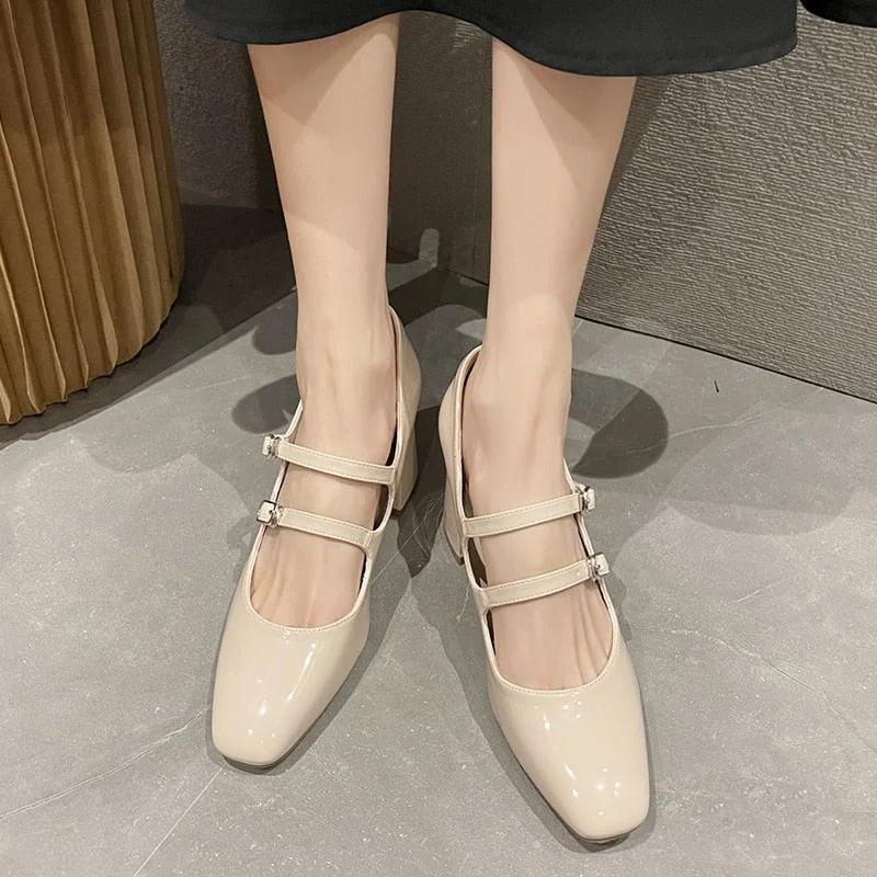 Thick High Heels Mary Jane Shoes For Women Spring 2022 Fashion Double Buckle Strap Pumps Women Black Patent Leather Shoes