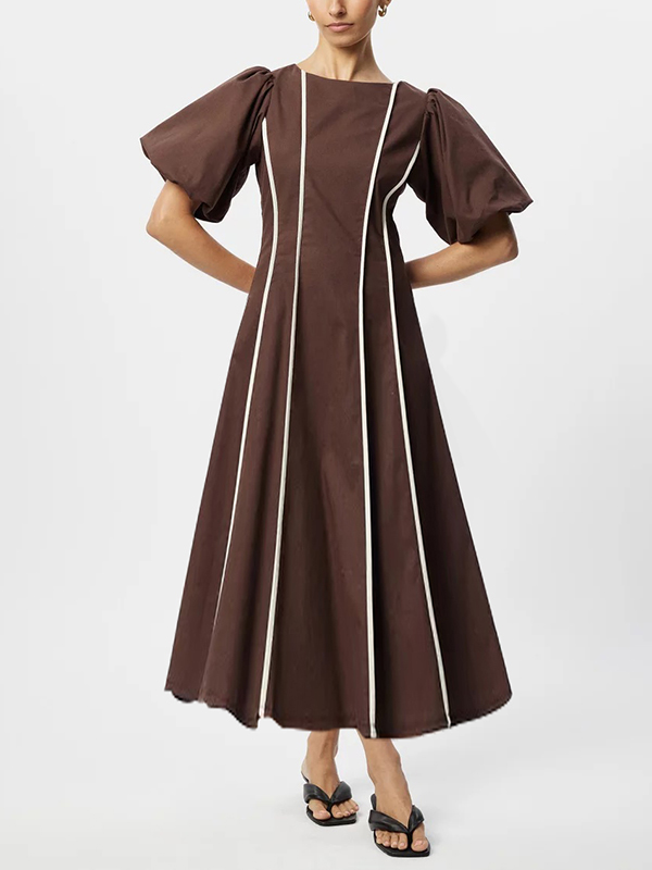 Puff Short Sleeve White Line Trim Midi Dress