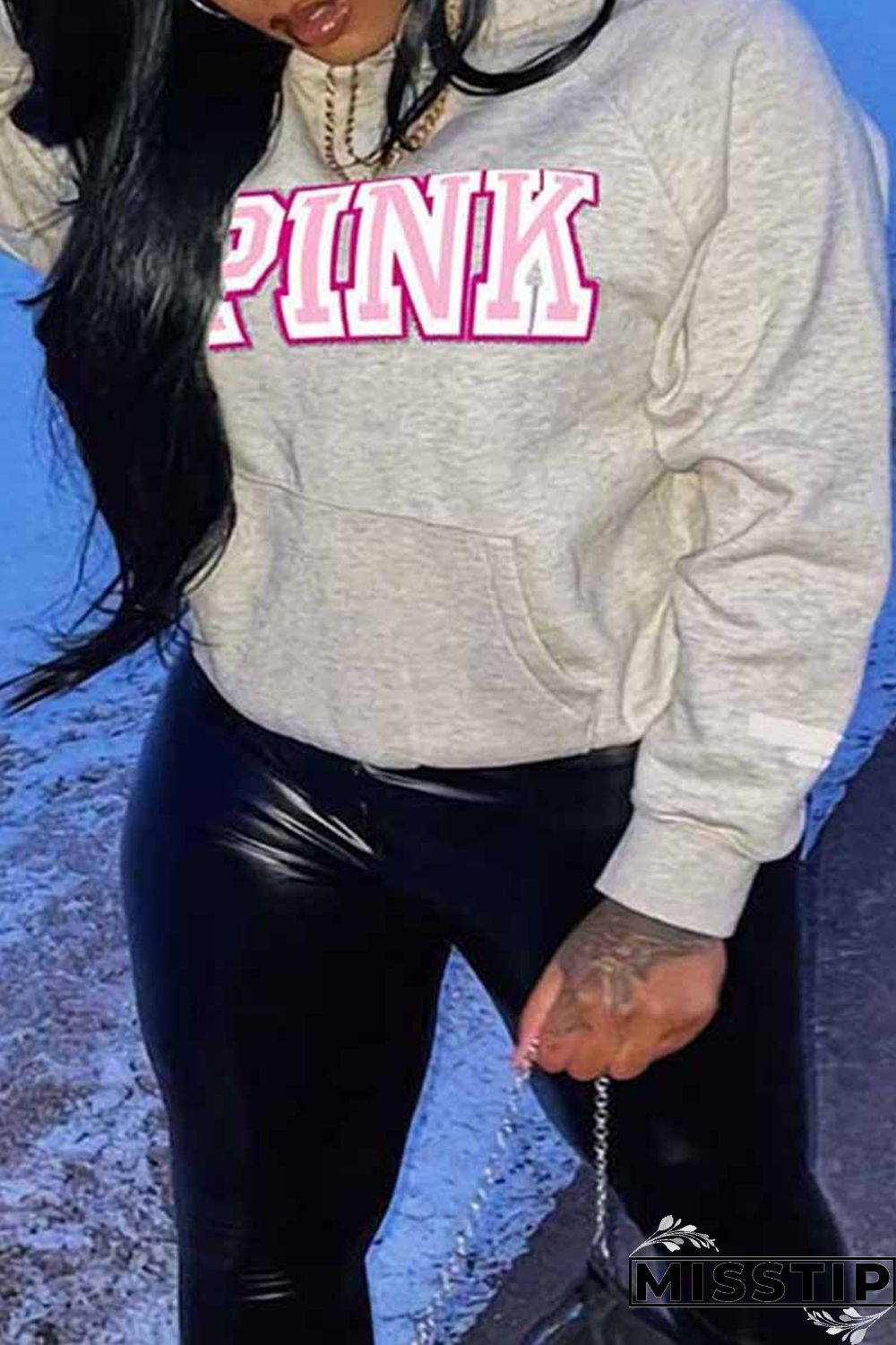 Grey Casual Print Letter Hooded Collar Tops