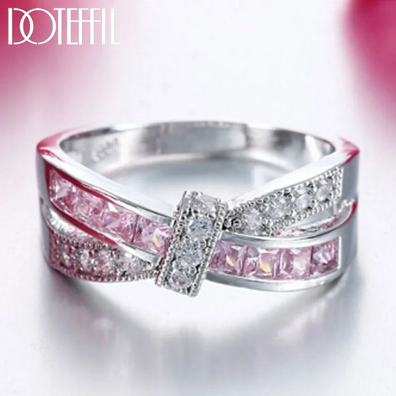 DOTEFFIL 925 Sterling Silver AAA Zircon Six Colors Pink/Blue/Green Crystal Ring For Women Jewelry