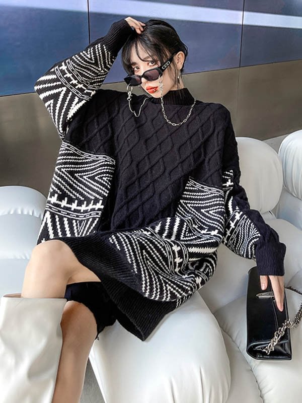 Original Loose Jacquard High-Neck Long Sleeves Sweater Top