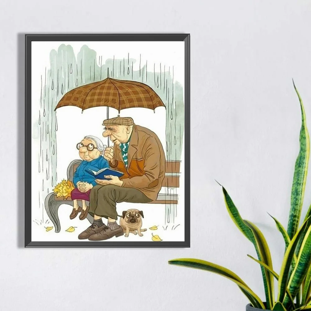 Full Round Diamond Painting 30*40cm - Old Couple Dating In The Rain