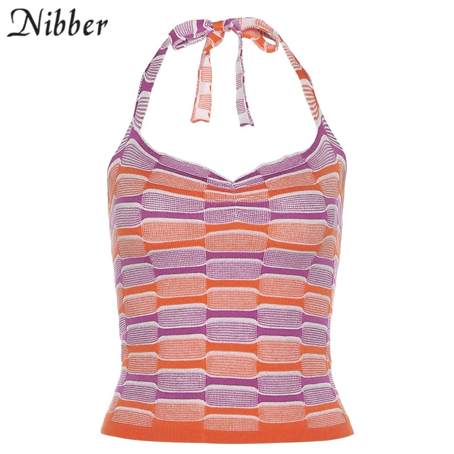 Nibber Summer Stripe Printing Knitting 2021 new Crop Top Women Sexy Lace Up Halter Sleeveless Slim Street Casual Lady Tank Top