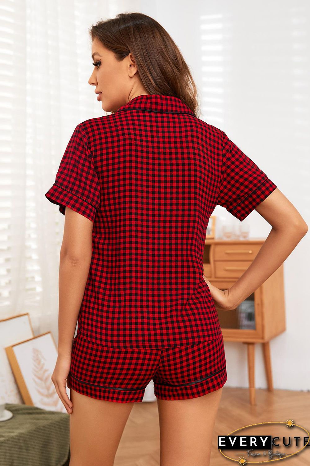 Red Plaid Short Sleeve Shirt and Drawstring Shorts Lounge Set