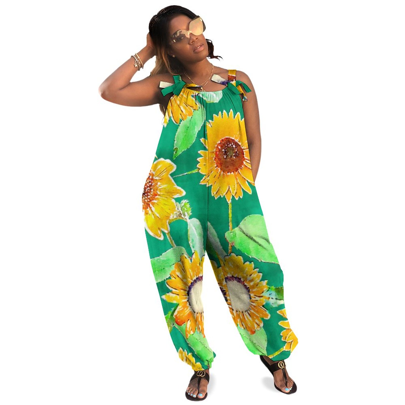 Pretty Yellow Mint Sunflowers Watercolor Paint Plus Size Sleeveless Jumpsuit Summer Harem Pants Women Boho Casual Feather Jumpsuit Tie Dye Polyester Spandex