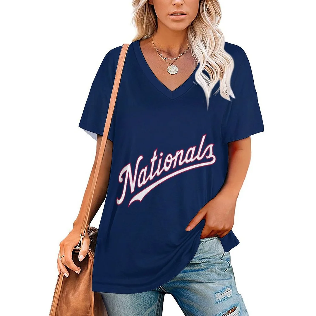V-neck Short Sleeve Casual T-shirt for  Women Printed with Pattern , Blue, Red