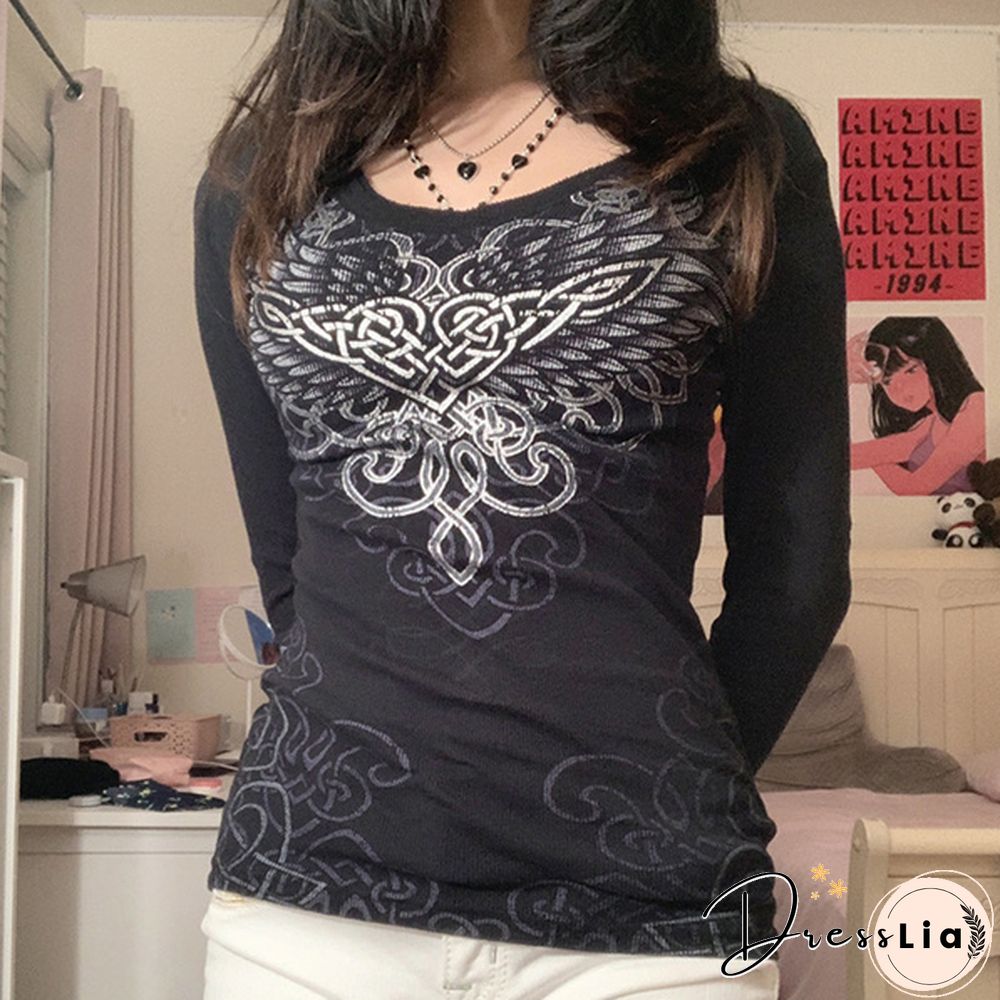 Women Casual Long Sleeve Slim Fit Tops Shirt T-shirt Summer Blouse Tops with Graphic Print