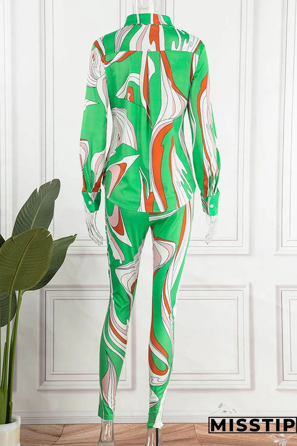 Green Casual Print Bandage Patchwork Turndown Collar Long Sleeve Two Pieces