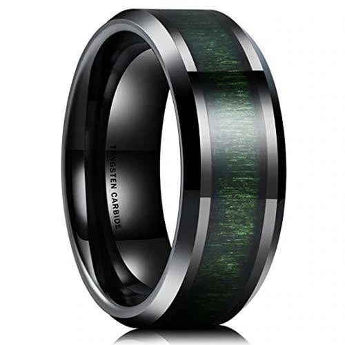 Women's Or Men's Tungsten Carbide Wedding Band Matching Rings,Black with High Polish Green Wood Inlay and Beveled Edges Ring With Mens And Womens For Width 4MM 6MM 8MM 10MM