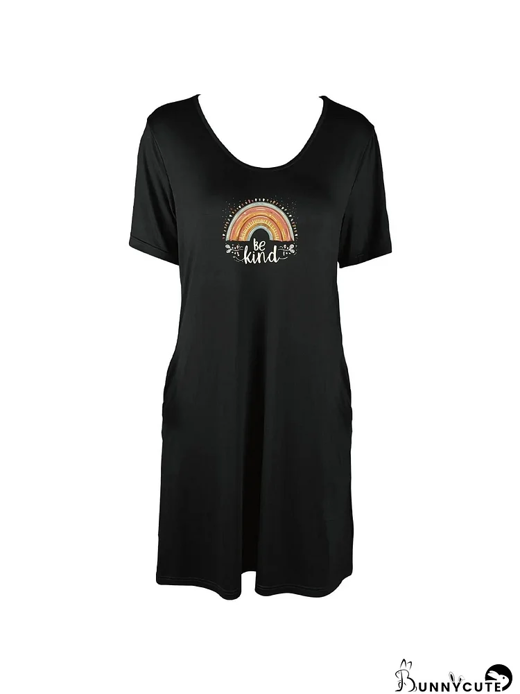 "Be Kind" Rainbow Print Dual Pockets Dress Casual Short Sleeve Tee Dress For Spring & Summer Women's Clothing