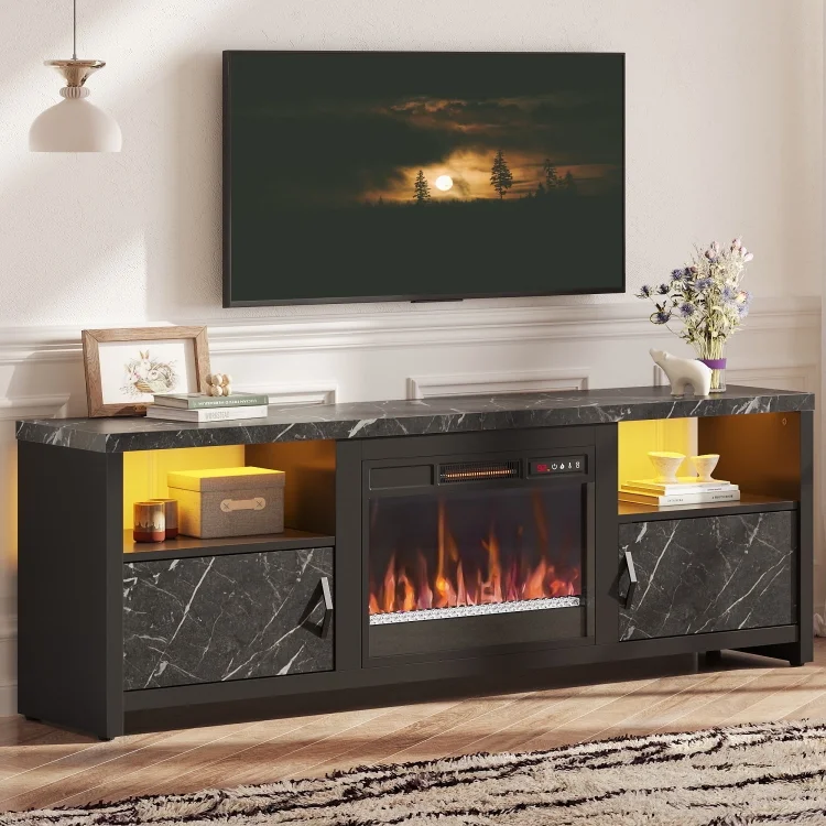 Bestier 71 inch Electric Fireplace TV Stand for TVs up to 75", Modern Entertainment Center with LED Lights, Black Marble