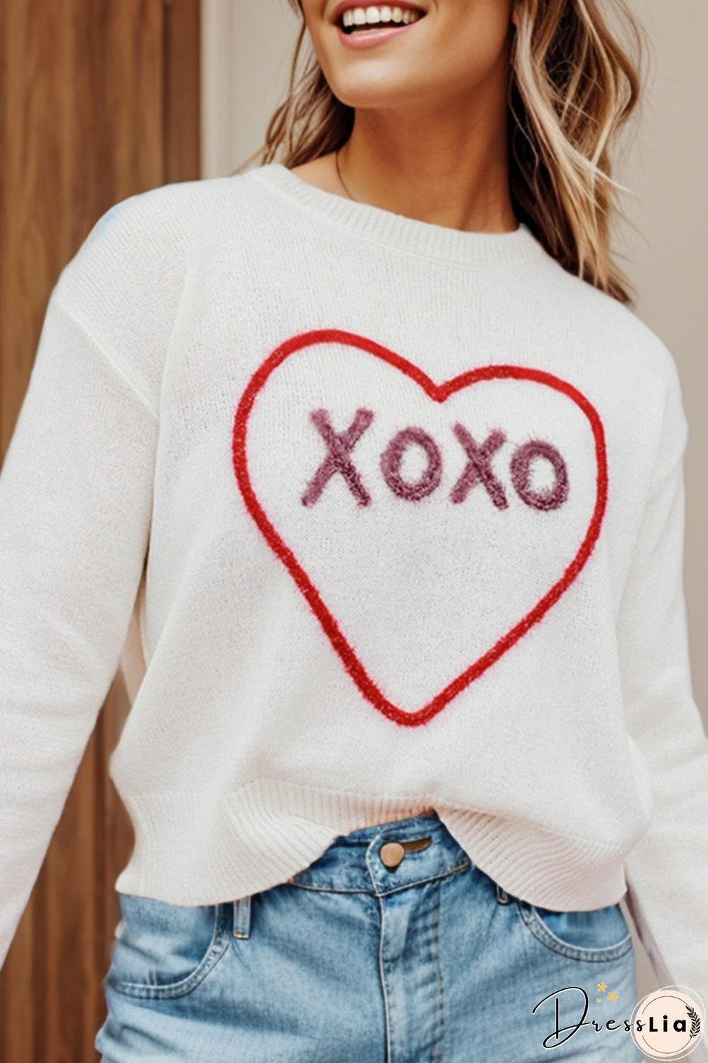XOXO Round Neck Drop Shoulder Sweater