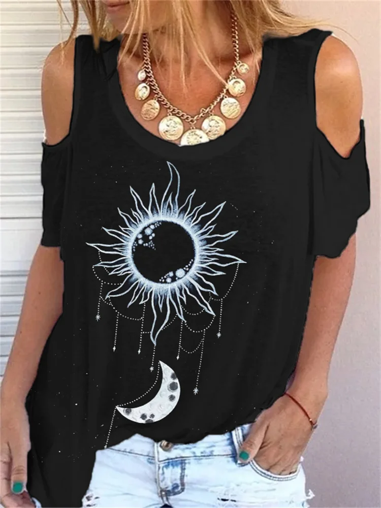 Sun & Moon Totem Hollow Shoulder T Shirt