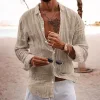 Men's Solid Color Lapel Casual Long Sleeve Cotton Linen Shirt by Inlyline