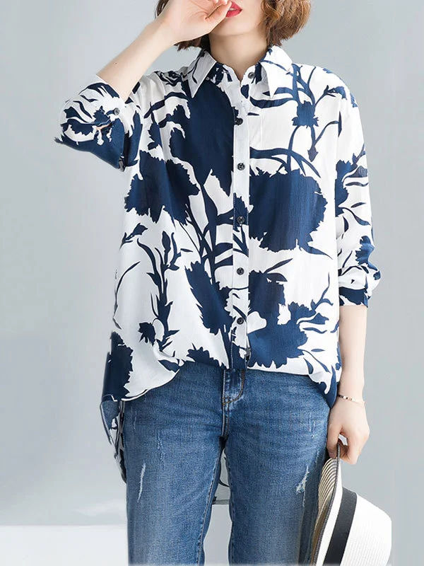 Original Print Lapel Long Sleeve Blouse Tops