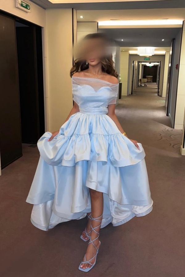 Off-The-Shoulder Light Blue Sweetheart Ruffles Hi-Lo Prom Dress