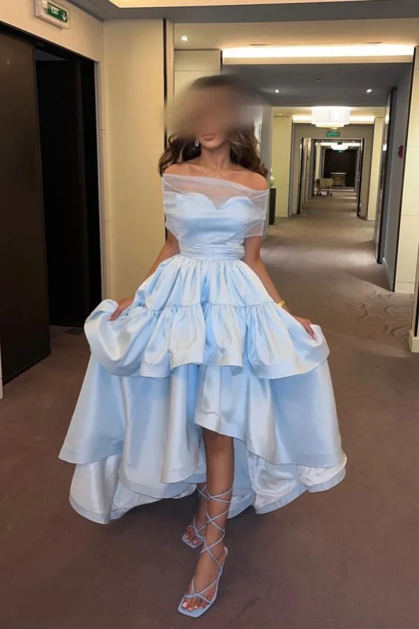 Light Blue Off-The-Shoulder Sweetheart Ruffles Hi-Lo Prom Dress ZT0725