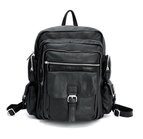 Front Display of Woosir Mens Multi Pocket Backpack Genuine Leather