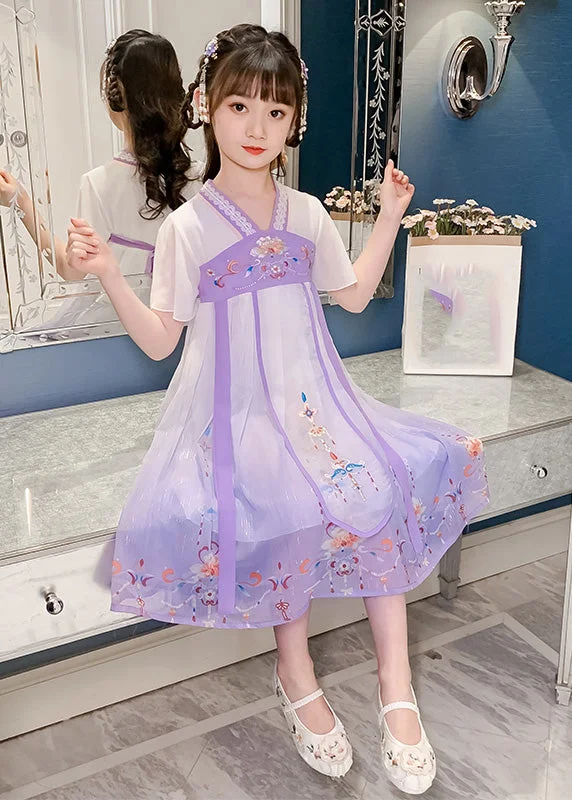 DIY Purple Embroidered Tassel Tulle Girls Long Dresses Summer