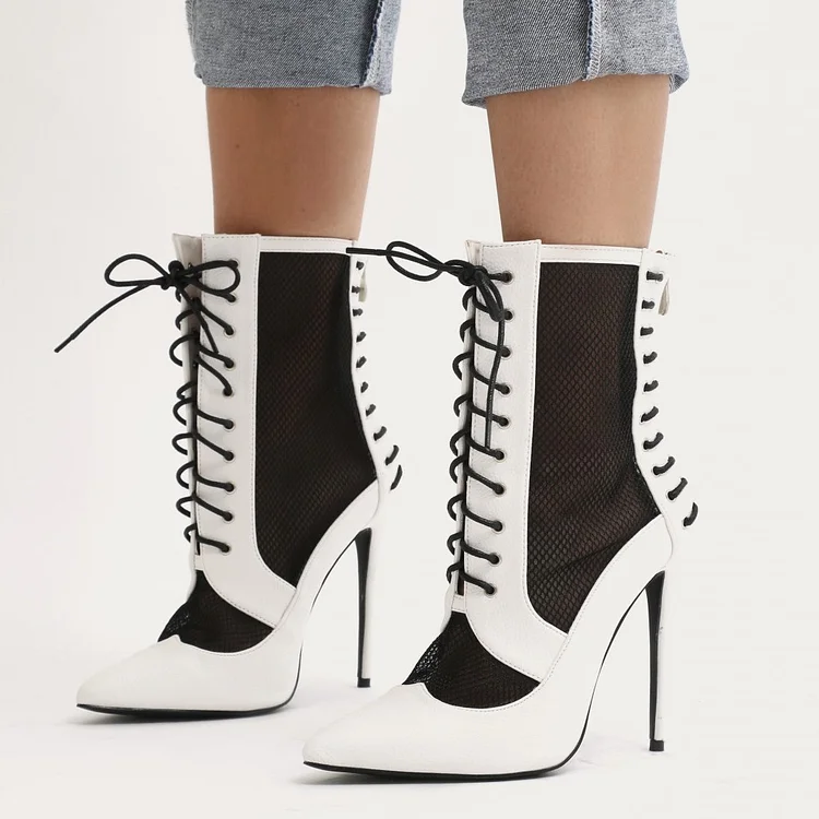 Black and White Heels Lace up Boots Pointy Toe Ankle Boots |FSJ Shoes